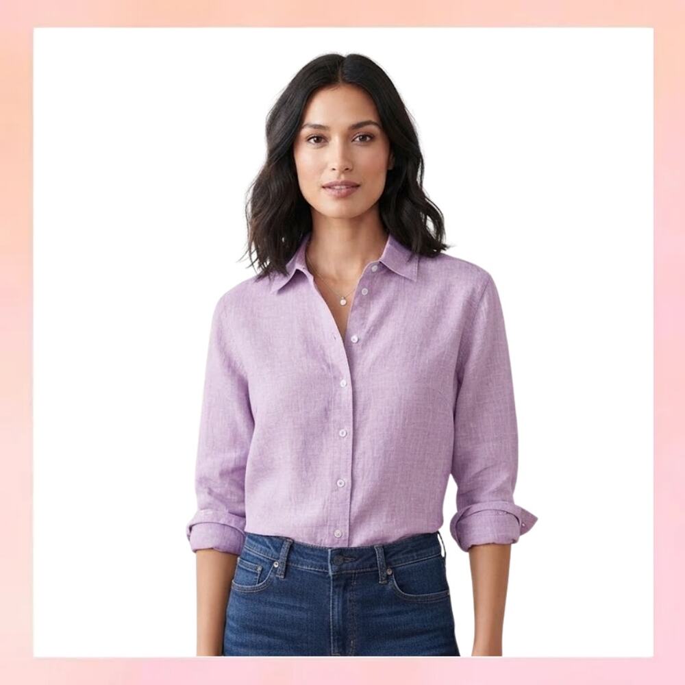 Talbots Purple Linen Button-Down Shirt Petite Size P Long Sleeve Blouse